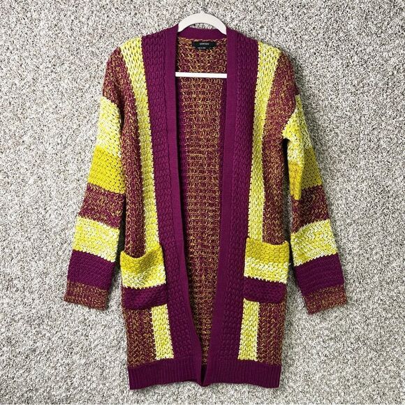 Vertigo Sweater Women’s Small Purple & Yellow Chunky Knit Long Open Cardigan - Picture 1 of 7